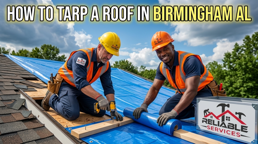 How to tarp a roof in Birmingham AL - Professional roofers installing tarp safely