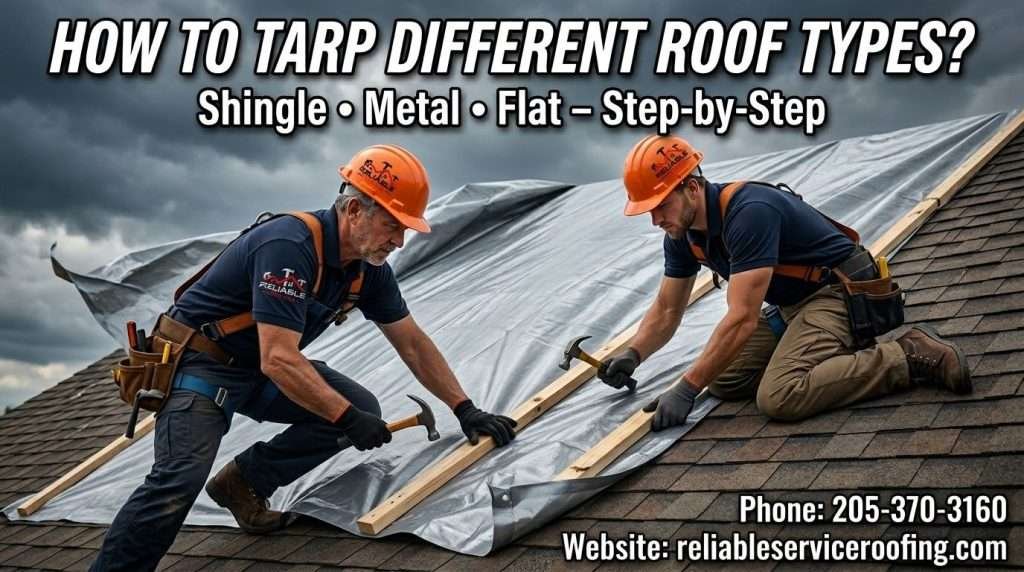 How to tarp different roof types_ Roofers installing heavy-duty tarp on shingle roof in Birmingham AL