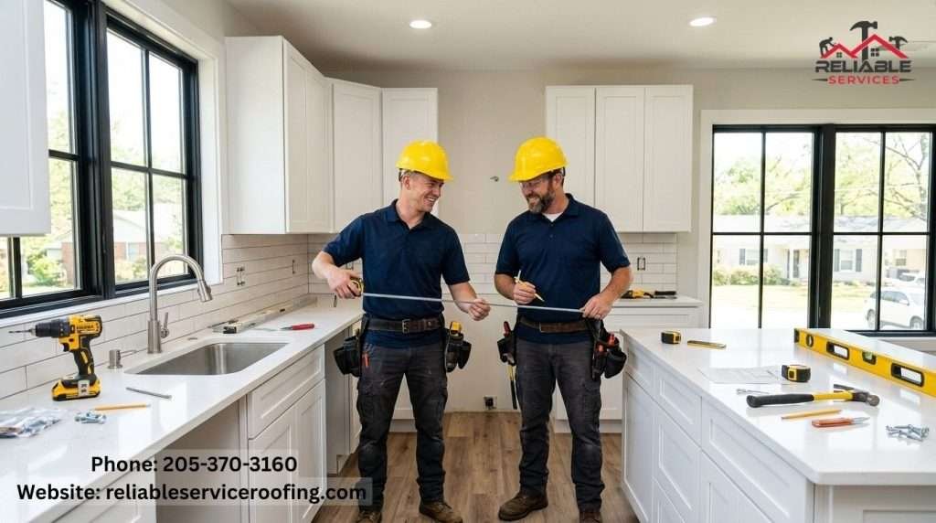 Kitchen remodeling Birmingham AL – licensed contractors measuring new cabinets with safety helmets