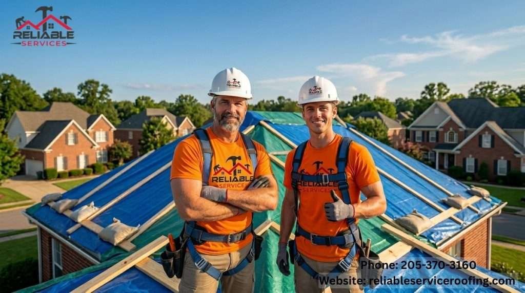 Professional roofers after completing emergency roof tarping in Birmingham AL