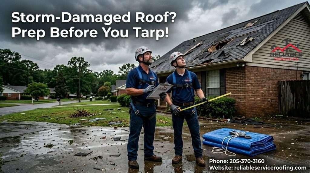 Professional roofers inspecting storm-damaged roof before emergency tarping in Birmingham AL