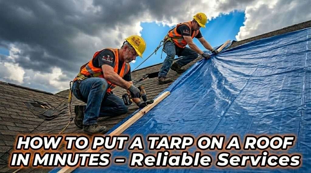 Professional roofers installing emergency roof tarp on storm-damaged Birmingham AL home