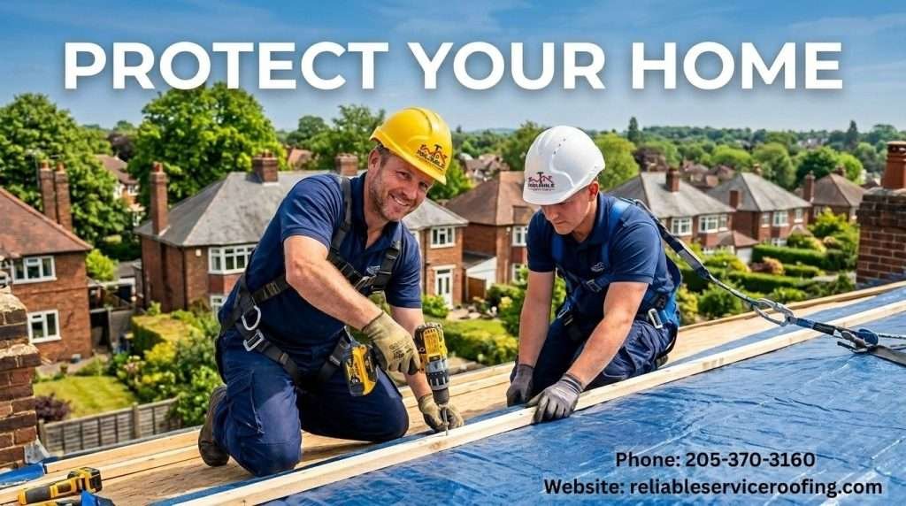 Professional roofers installing heavy-duty polyethylene roofing tarp for storm damage repair