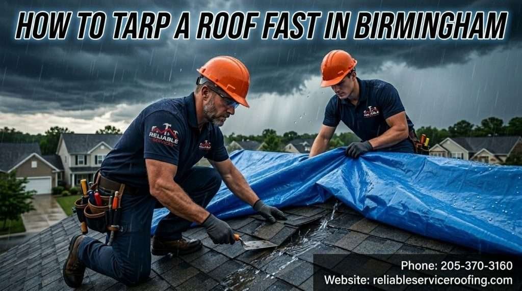 Professional roofers installing temporary blue tarp on leaking roof in Birmingham AL - How to Tarp a Roof