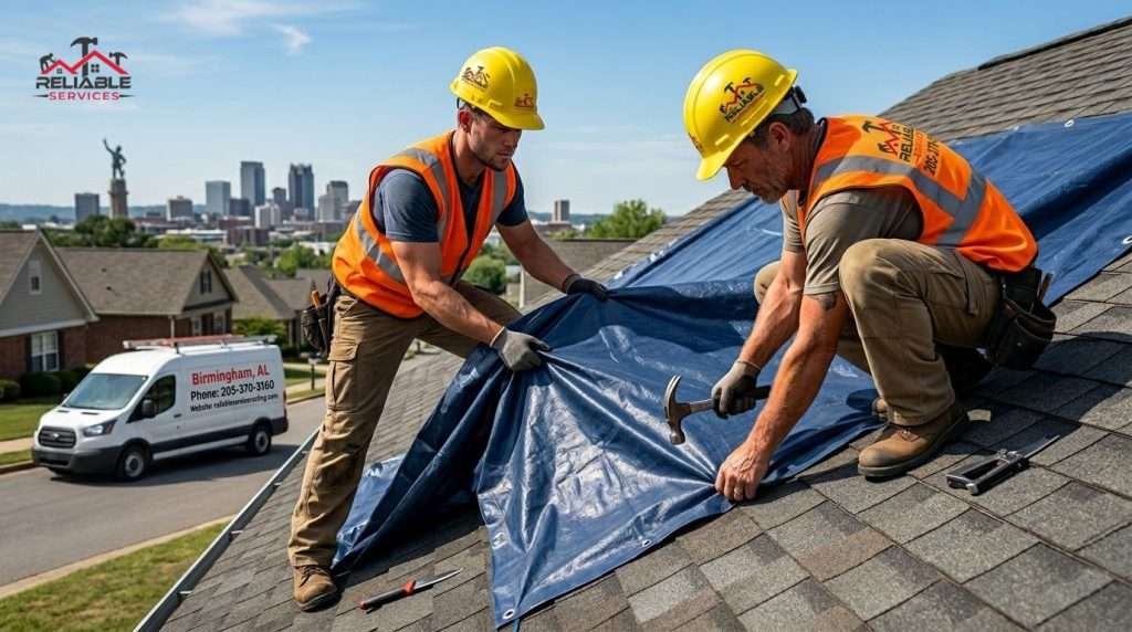 Professional roofers installing temporary roof tarp in Birmingham Alabama