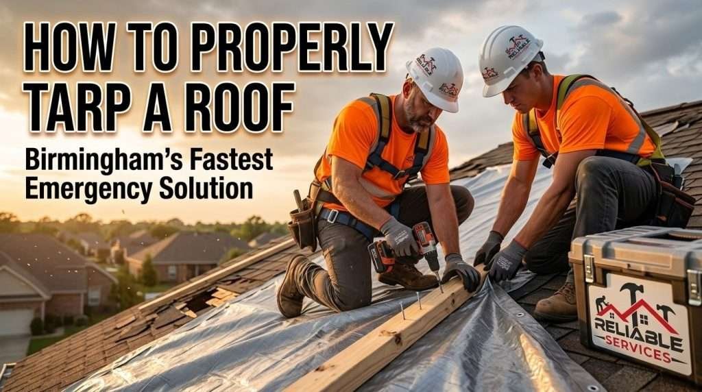 Professional roofers properly tarping a storm-damaged roof in Birmingham AL