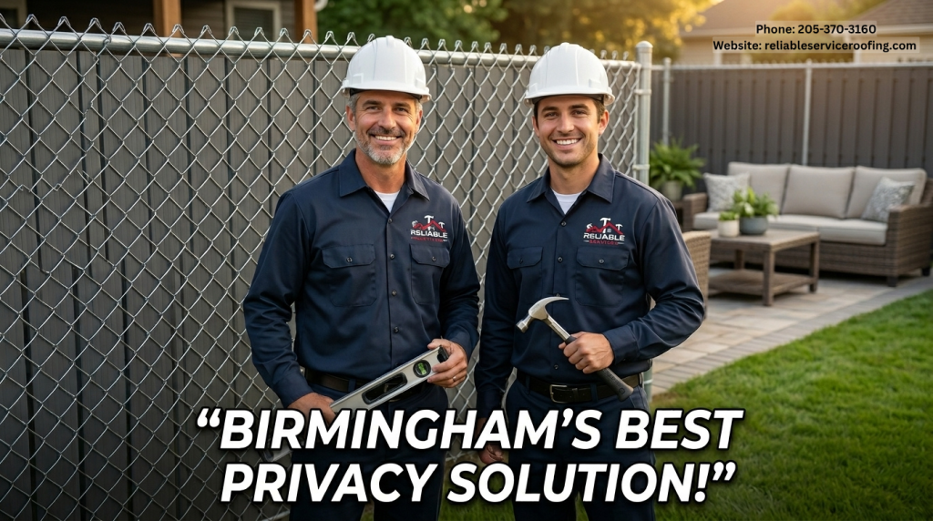 Professional roofers with completed private chain link fence in Birmingham
