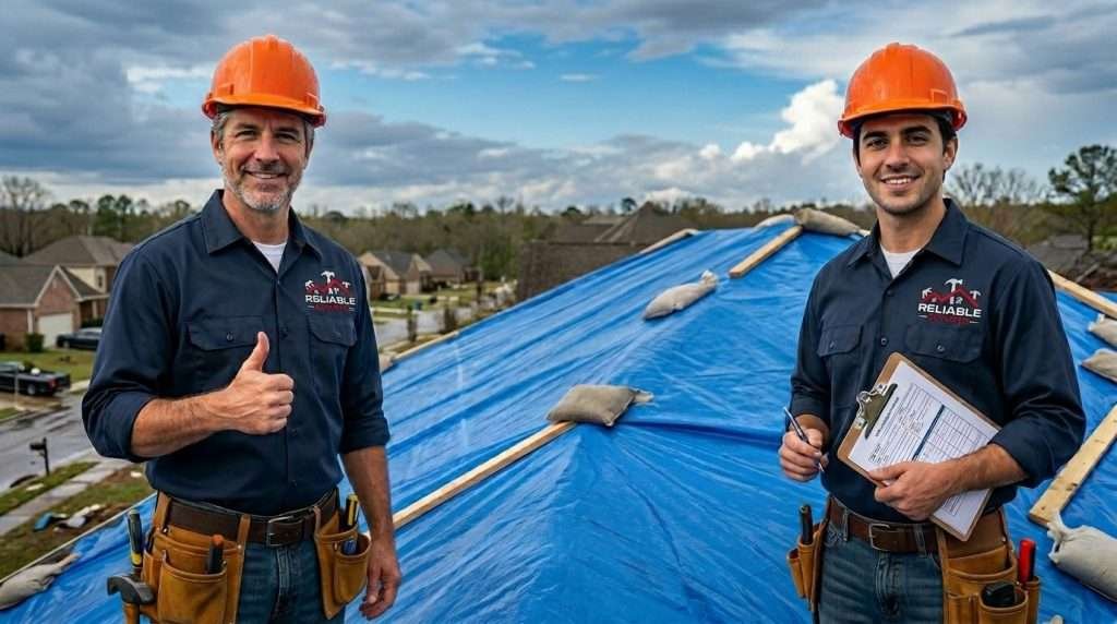 Reliable Service Roofing crew after emergency roof tarp in Birmingham
