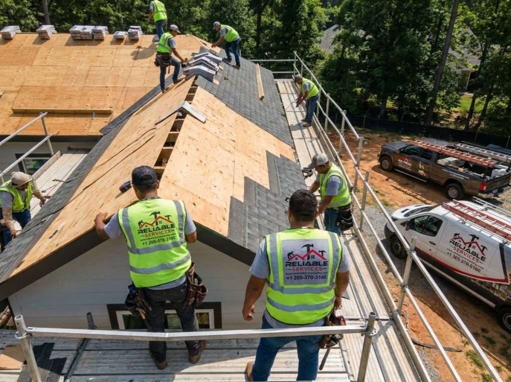 Reliable Services Roofing contractors installing a new roof on a modern home in Huntsville, AL – licensed roofing contractors