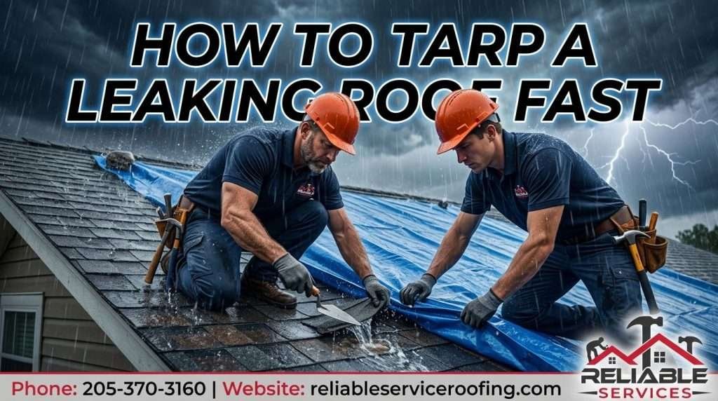 Roofers installing blue tarp on leaking roof in Birmingham AL