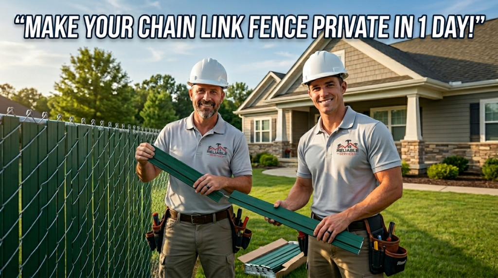Roofers installing privacy slats on chain link fence in Birmingham AL backyard