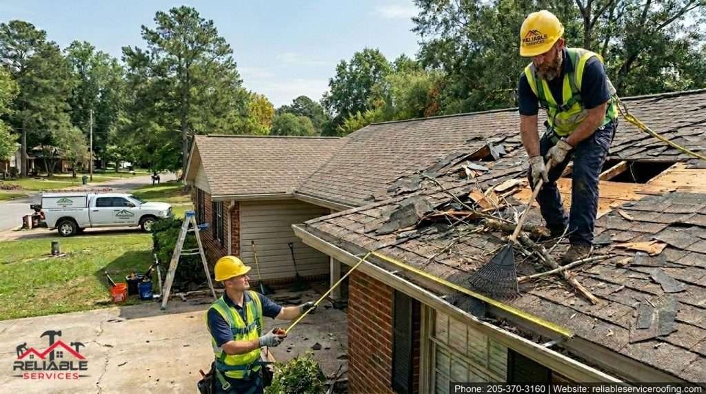 Roofers measuring roof damage and taking photos before installing a roof tarp