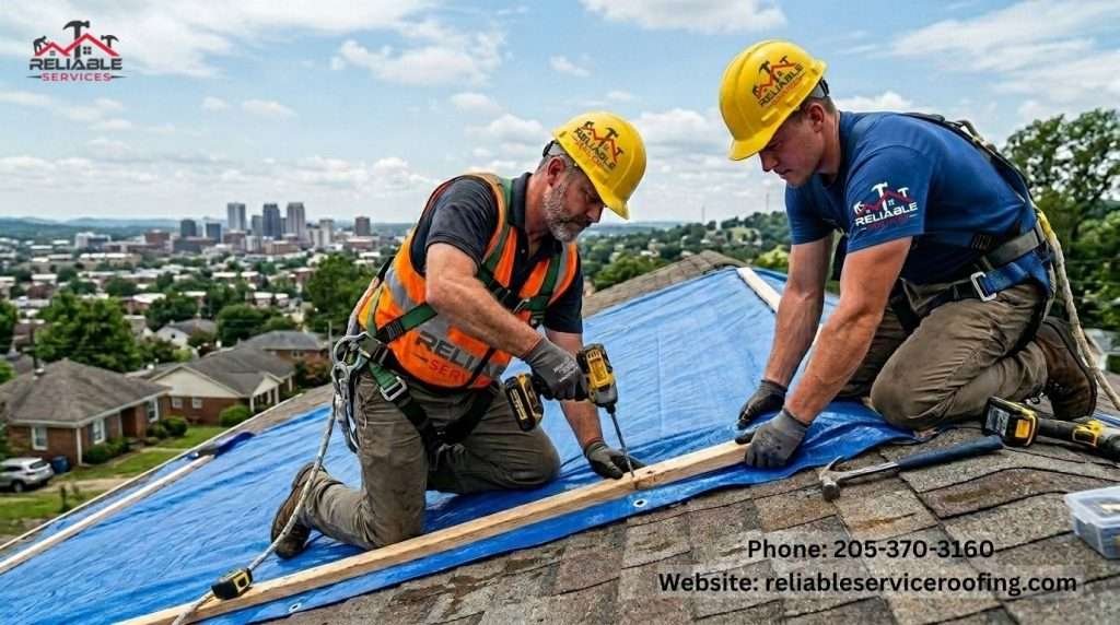 Roofers securing emergency roof tarp with battens in Birmingham Alabama