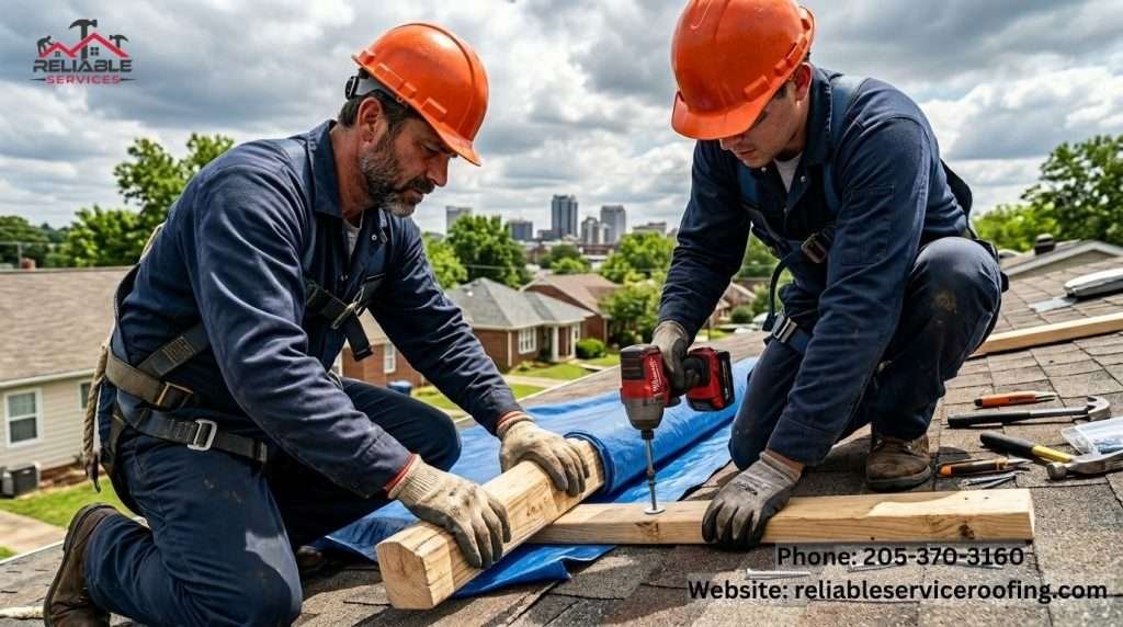 Roofers securing tarp with board method - How to tarp a roof step by step in Birmingham AL