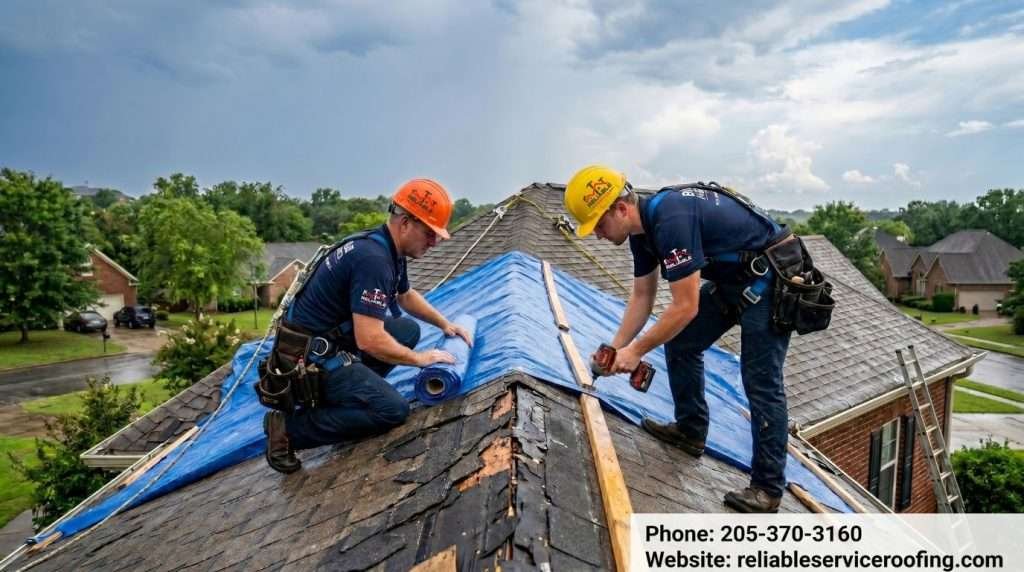 Roofers tarping damaged shingle roof after storm in Birmingham AL