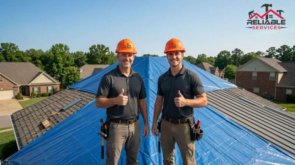 Same-day roof tarping Birmingham AL_ Reliable Service Roofing team on freshly tarped roof