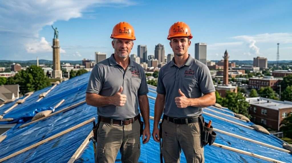 Same-day roof tarping Birmingham AL_ Reliable Service Roofing team on freshly tarped roof