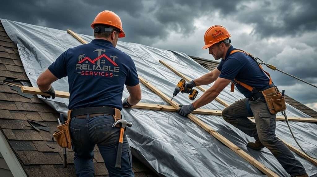 Step-by-step roof tarping_ Professional roofers securing tarp on shingle and metal roofs Birmingham