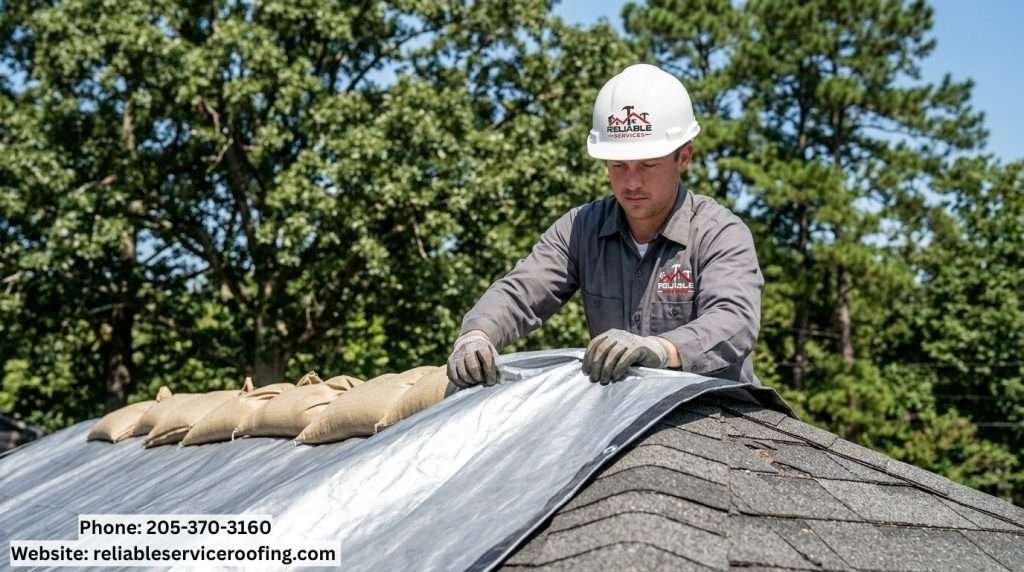 A person in safety gear positioning a temporary roof tarp after storm damage