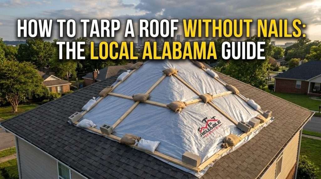 A photorealistic image of a roof tarp secured with weights and lumber, featuring text overlay