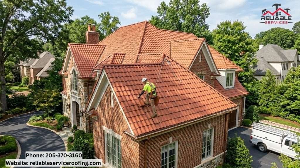 A professional roofing contractor wearing a safety harness repairing a steep tile roof