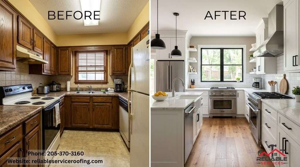 Before and after modern kitchen remodel in Alabama with white cabinets and quartz countertops