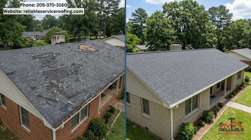 Before and after storm damage roof repair Birmingham AL