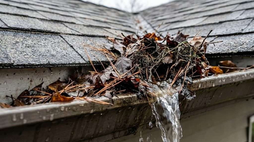 Clogged gutter causing overflow