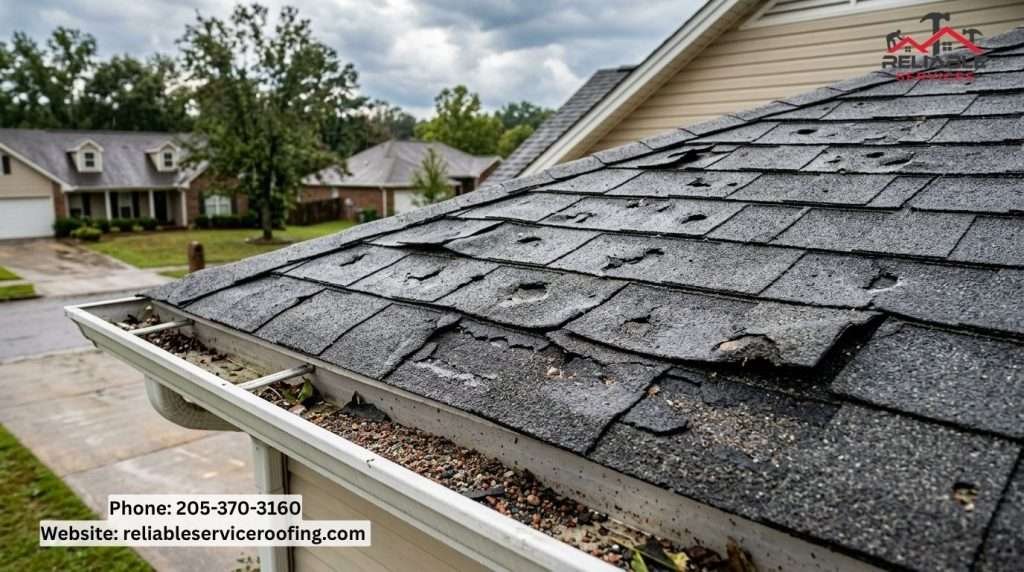 Close-up of hail and wind damaged roof shingles in Birmingham AL