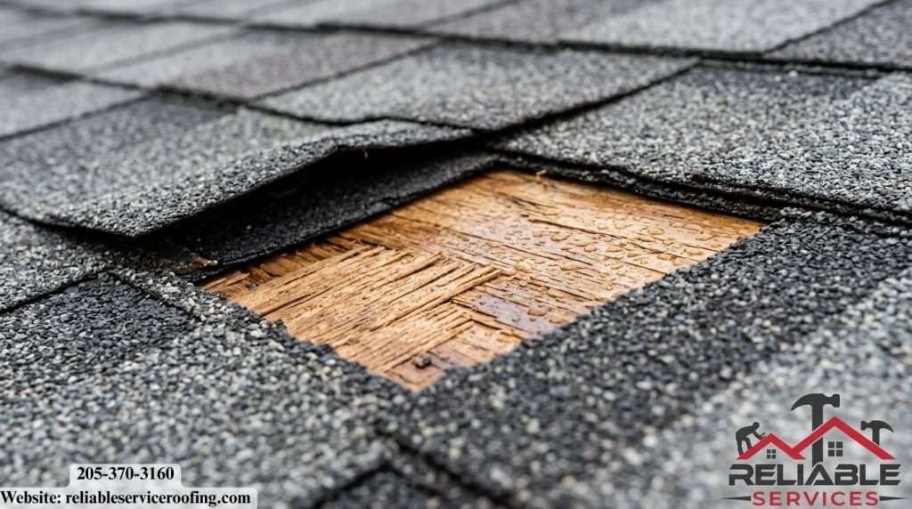 Close-up of missing roof shingle exposing roof deck