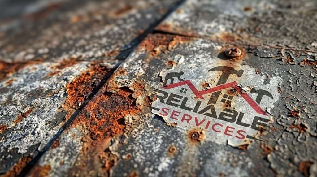 Close up of rusted metal roof surface showing paint deterioration