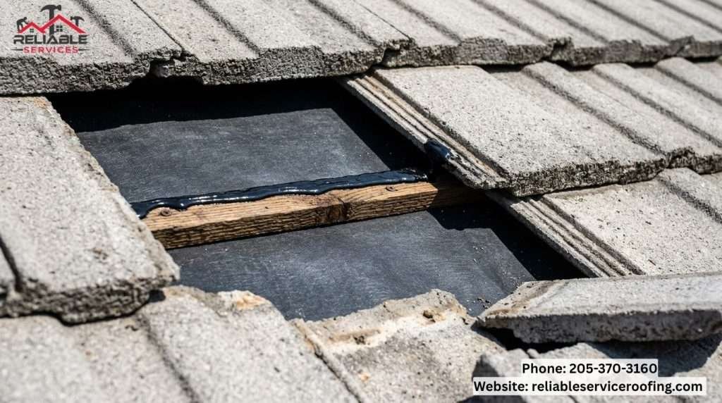 Close-up photograph of a synthetic waterproofing underlayment patch beneath roof tiles