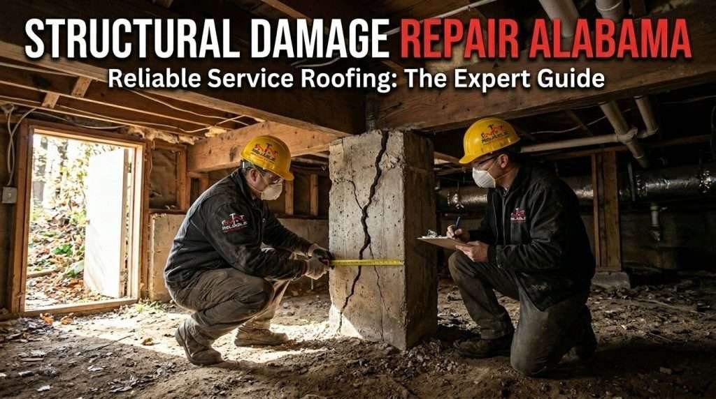 Contractor and engineer examining cracked Alabama home foundation with text