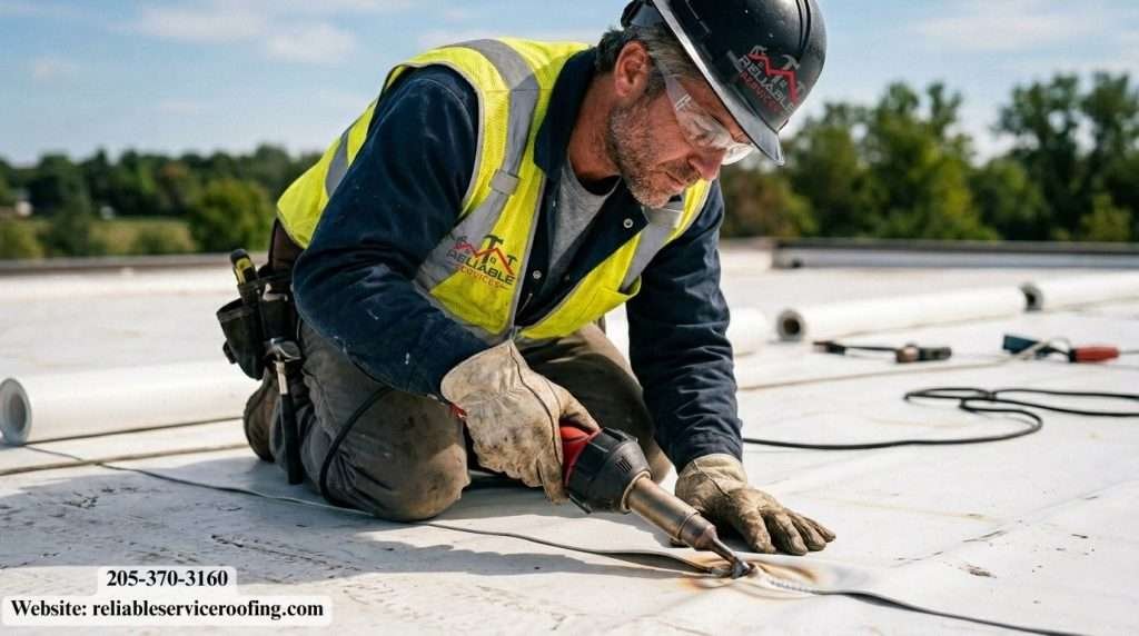 Contractor hot-air welding seams on white TPO membrane roof