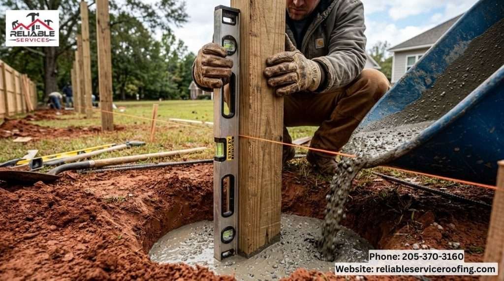 Contractor leveling a wood fence post with concrete footing