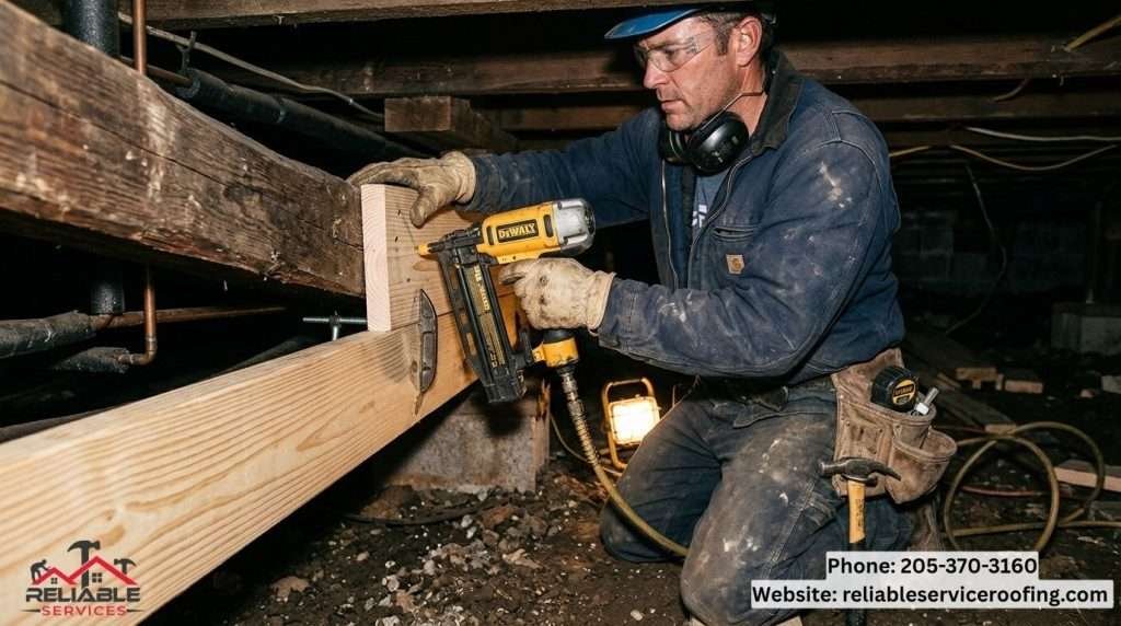 Contractor sistering new wooden floor joist in crawl space