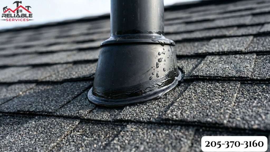 Detailed close-up of a perfectly sealed and layered roof pipe flashing boot