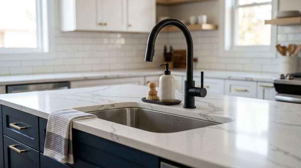 Elegant white quartz countertop and matte black kitchen faucet
