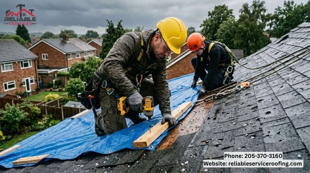 Emergency roof tarping after storm damage in Birmingham