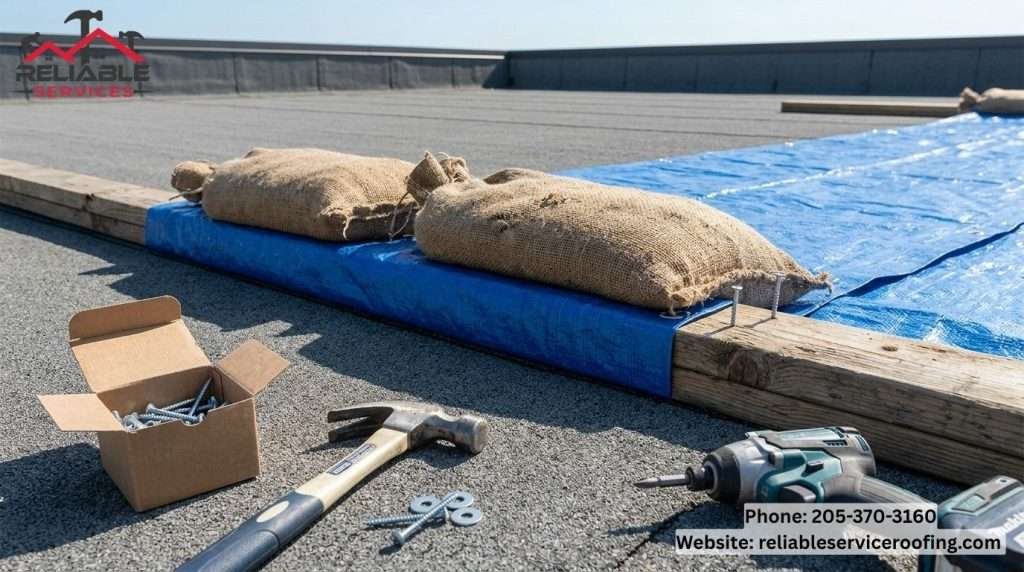 How to properly secure a tarp on a flat roof with sandbags and battens