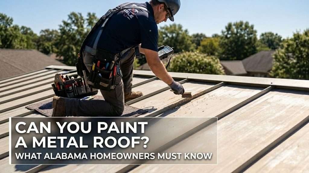 Metal roof inspection in Birmingham Alabama with text about painting metal roofs