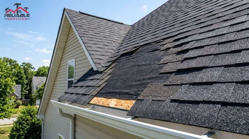 Missing roof shingles exposing underlayment after an Alabama storm