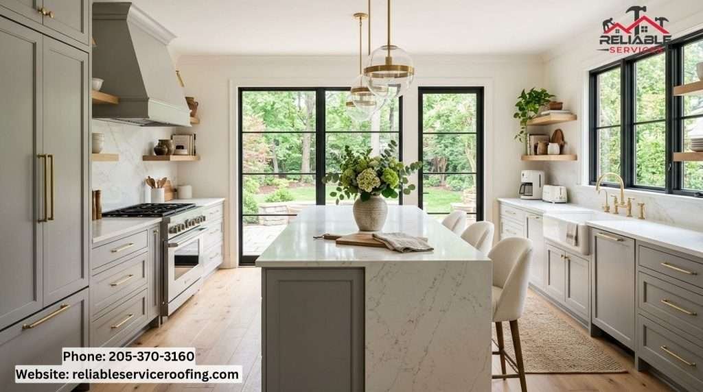 Modern kitchen remodel with quartz countertops and island in Birmingham Alabama home