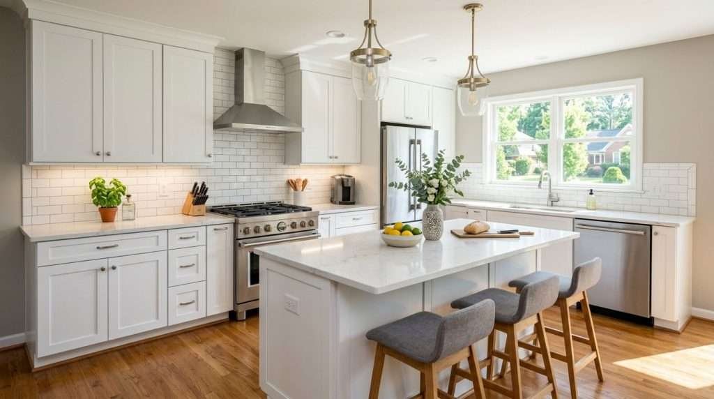 Modern kitchen remodel with white cabinets in Hoover Alabama