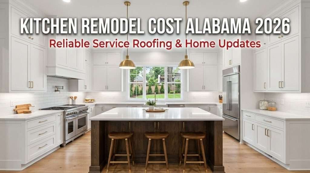 Modern white and wood custom kitchen in Alabama with overlay text