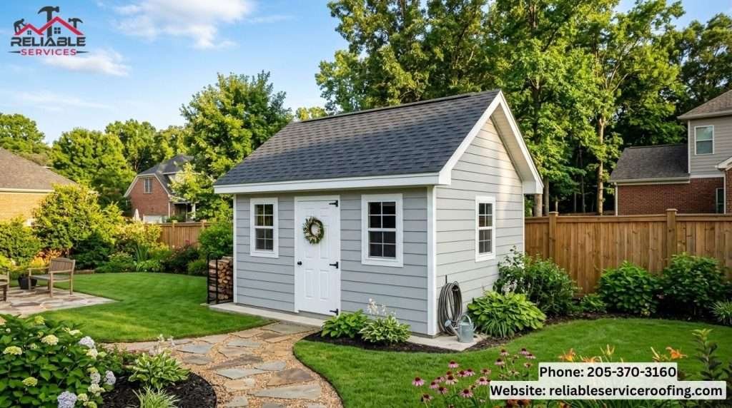 Newly shingled storage shed in Birmingham Alabama backyard