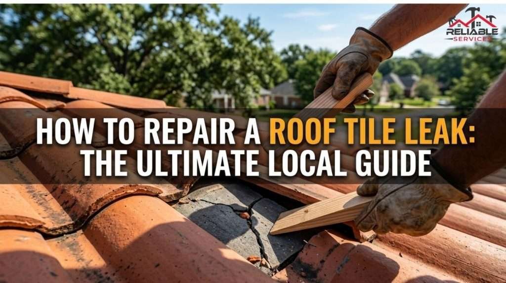 Photorealistic guide image showing a tile roof leak repair with a bold text overlay