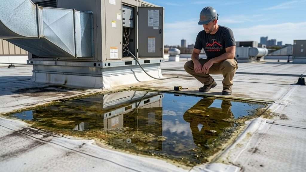 Ponding water on TPO roof indicating need for repair in Birmingham