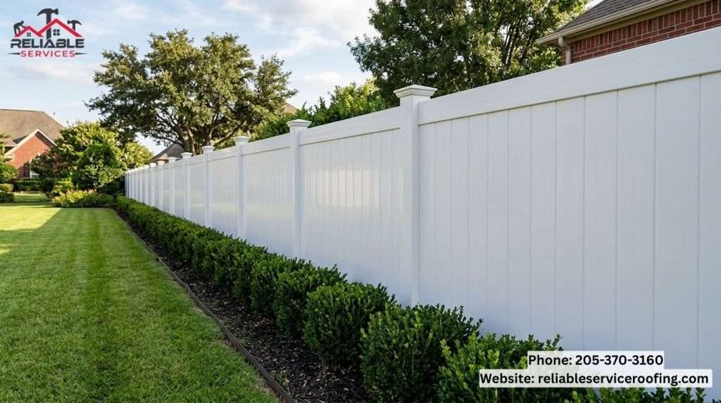Premium white vinyl privacy fence in a landscaped yard