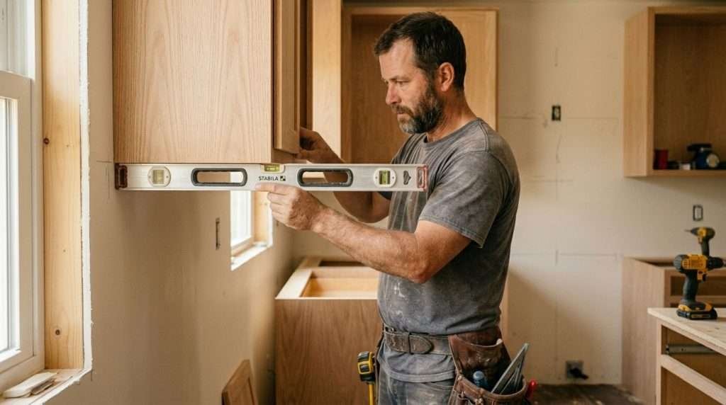 Professional carpenter installing custom kitchen cabinets in a home